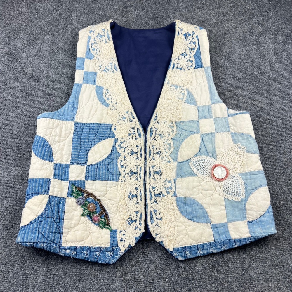 VTG Handmade Quilted Vest Blue Patchwork Lace Beaded Cottagecore Shabby Chic